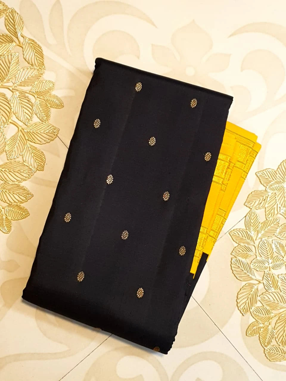 3G Pure Zari Kanjivaram Silk Saree in Black with Mustard Yellow Zari Border & Traditional Gold Zari Buttas | Silkmark Certified