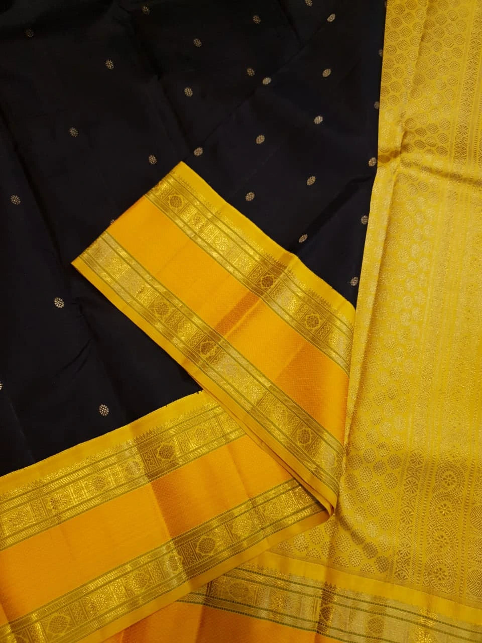 3G Pure Zari Kanjivaram Silk Saree in Black with Mustard Yellow Zari Border & Traditional Gold Zari Buttas | Silkmark Certified