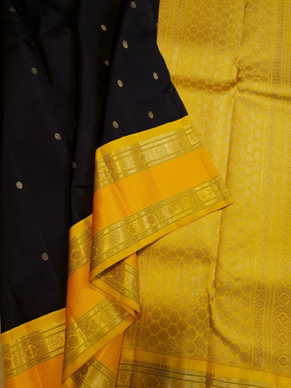 3G Pure Zari Kanjivaram Silk Saree in Black with Mustard Yellow Zari Border & Traditional Gold Zari Buttas | Silkmark Certified