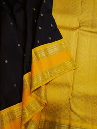 3G Pure Zari Kanjivaram Silk Saree in Black with Mustard Yellow Zari Border & Traditional Gold Zari Buttas | Silkmark Certified