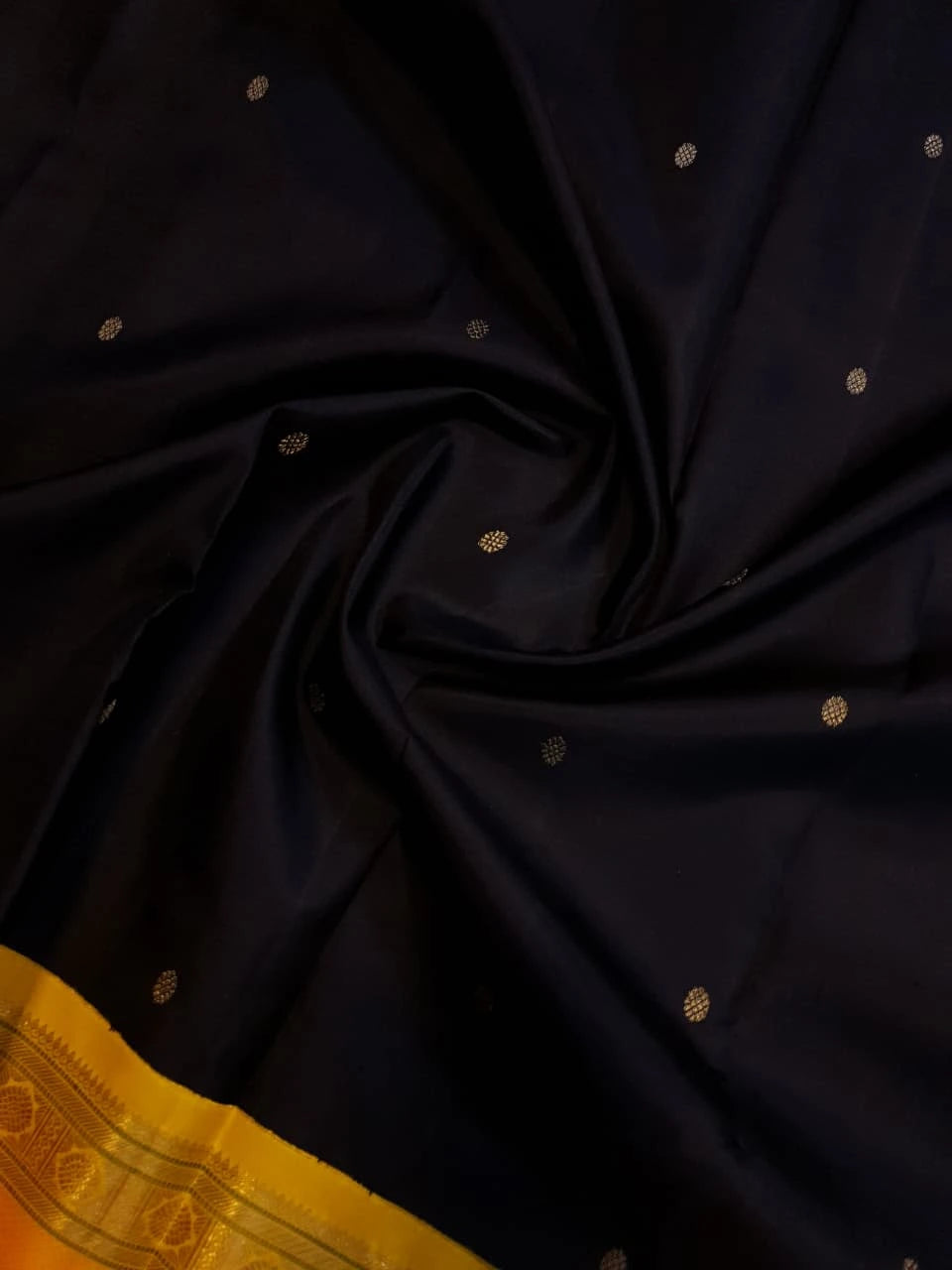 3G Pure Zari Kanjivaram Silk Saree in Black with Mustard Yellow Zari Border & Traditional Gold Zari Buttas | Silkmark Certified