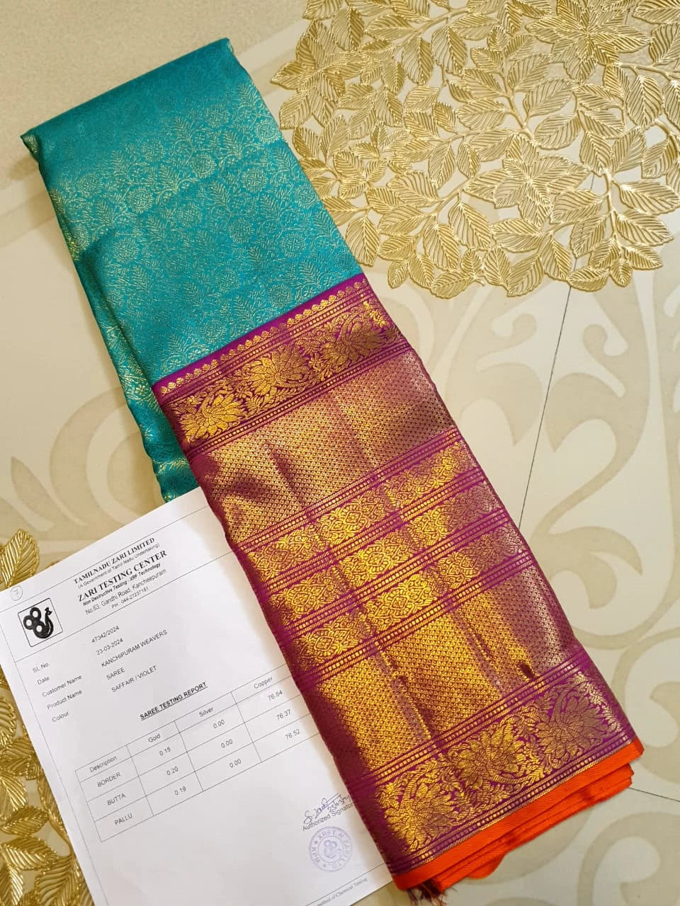 2G Pure Zari Korvai Kanjivaram Silk Saree in Turquoise Blue with Magenta Purple Border | Silkmark Certified