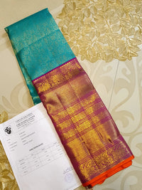 2G Pure Zari Korvai Kanjivaram Silk Saree in Turquoise Blue with Magenta Purple Border | Silkmark Certified
