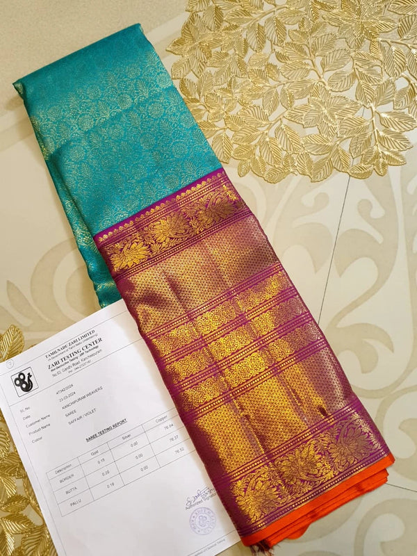 2G Pure Zari Korvai Kanjivaram Silk Saree in Turquoise Blue with Magenta Purple Border | Silkmark Certified