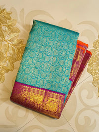 2G Pure Zari Korvai Kanjivaram Silk Saree in Turquoise Blue with Magenta Purple Border | Silkmark Certified