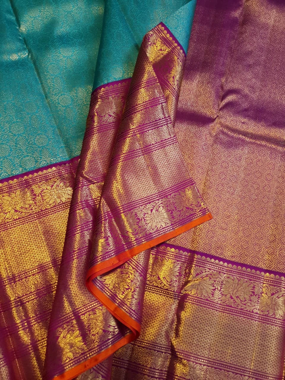 2G Pure Zari Korvai Kanjivaram Silk Saree in Turquoise Blue with Magenta Purple Border | Silkmark Certified