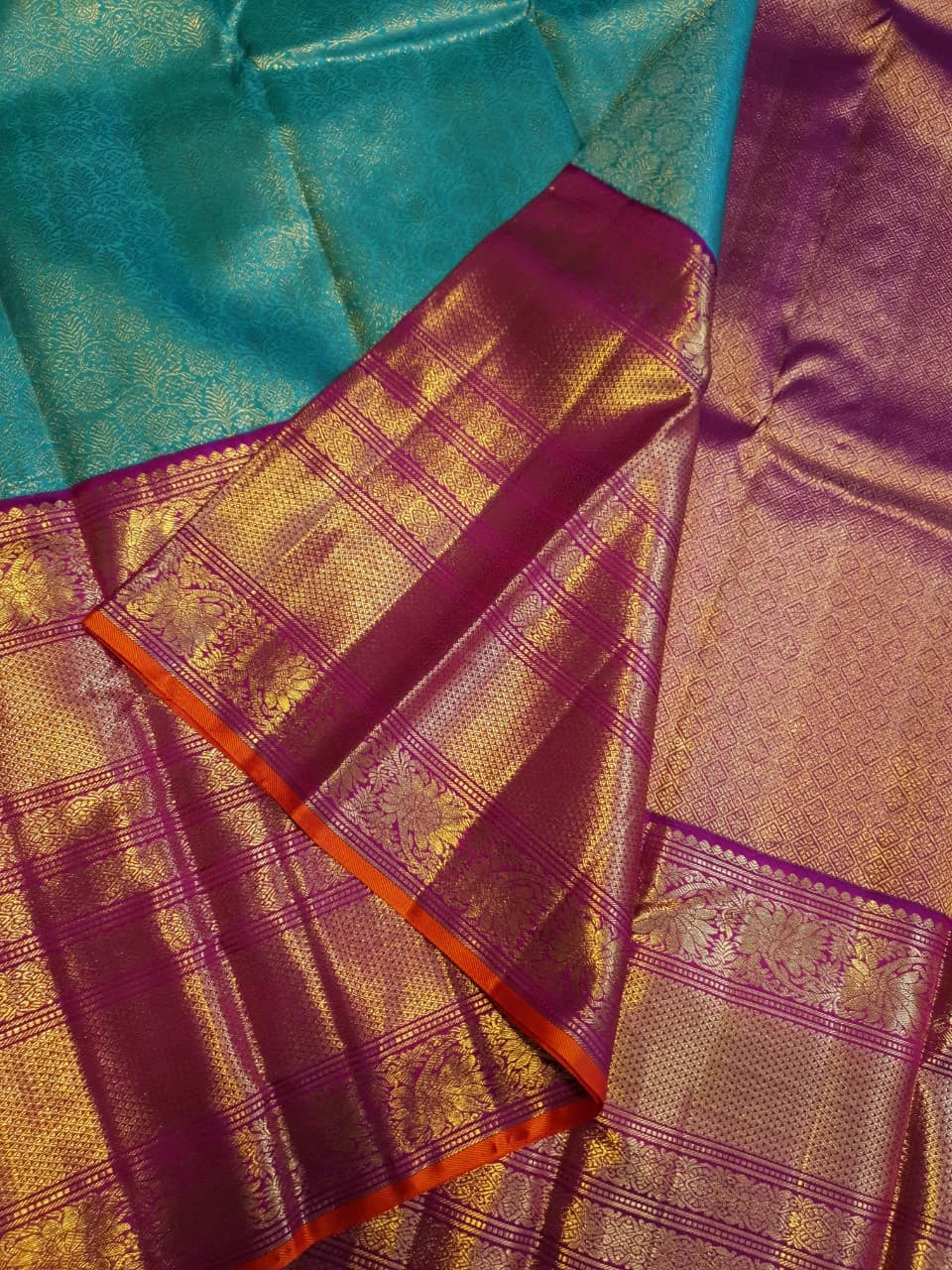 2G Pure Zari Korvai Kanjivaram Silk Saree in Turquoise Blue with Magenta Purple Border | Silkmark Certified