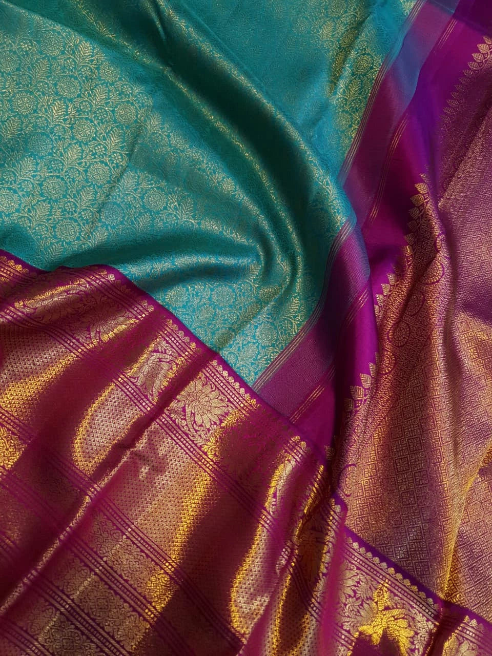 2G Pure Zari Korvai Kanjivaram Silk Saree in Turquoise Blue with Magenta Purple Border | Silkmark Certified