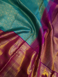 2G Pure Zari Korvai Kanjivaram Silk Saree in Turquoise Blue with Magenta Purple Border | Silkmark Certified