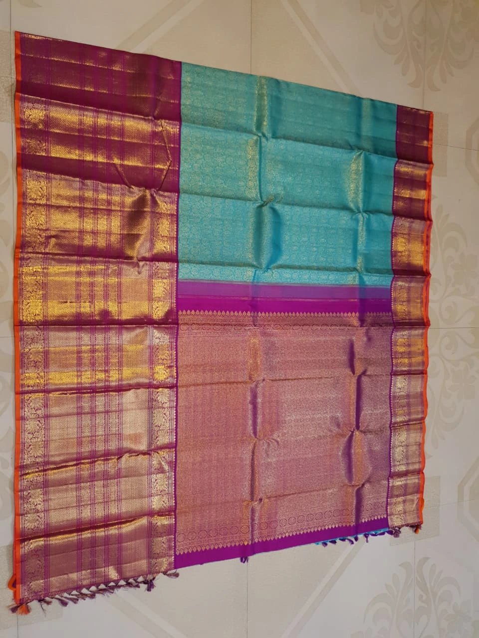 2G Pure Zari Korvai Kanjivaram Silk Saree in Turquoise Blue with Magenta Purple Border | Silkmark Certified