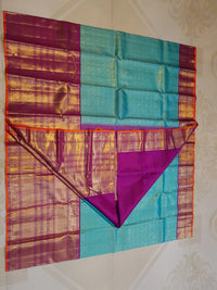 2G Pure Zari Korvai Kanjivaram Silk Saree in Turquoise Blue with Magenta Purple Border | Silkmark Certified