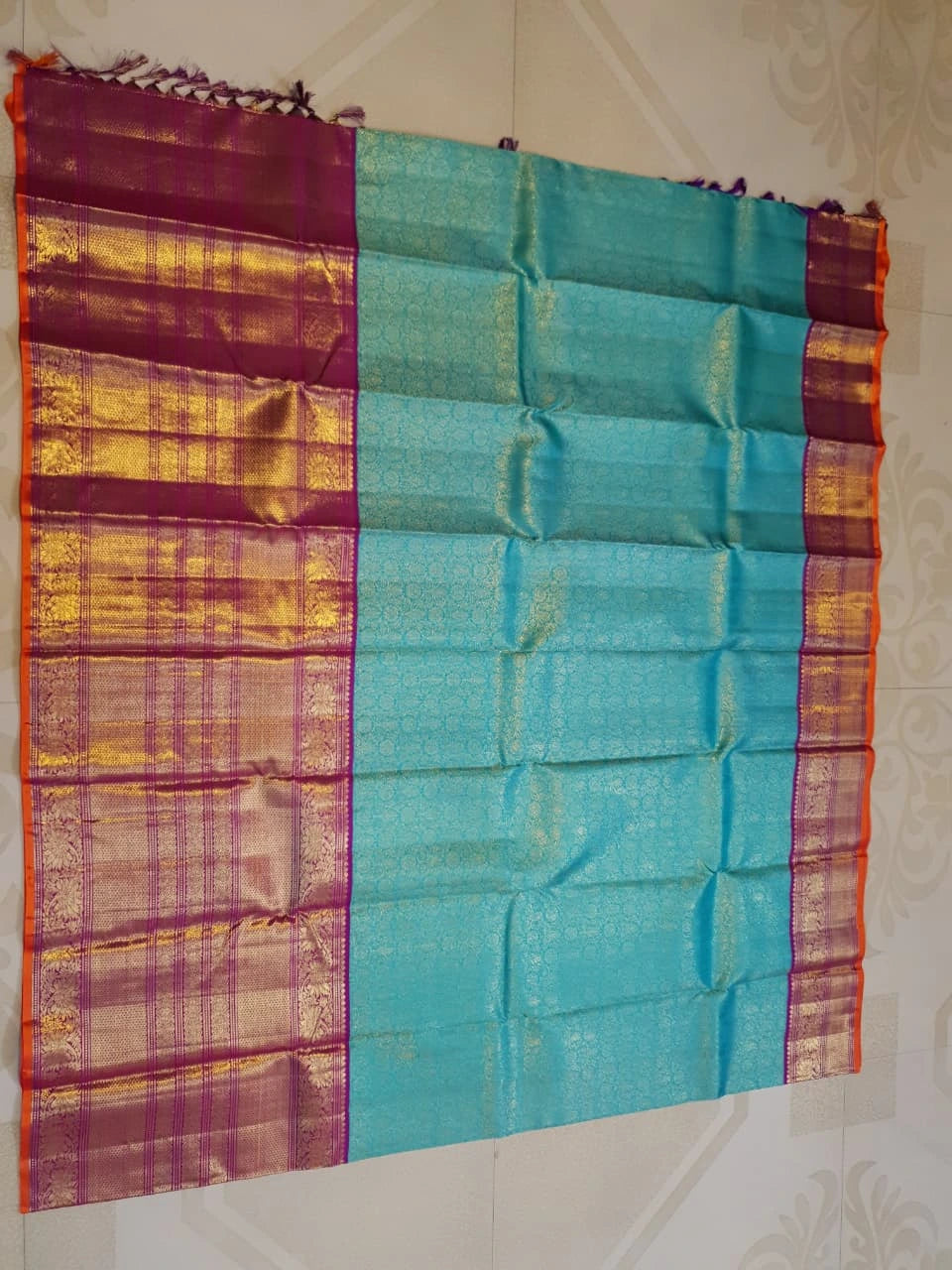 2G Pure Zari Korvai Kanjivaram Silk Saree in Turquoise Blue with Magenta Purple Border | Silkmark Certified