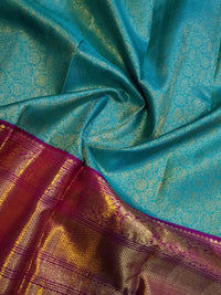 2G Pure Zari Korvai Kanjivaram Silk Saree in Turquoise Blue with Magenta Purple Border | Silkmark Certified