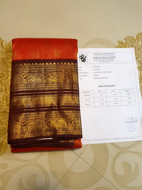 2G Pure Zari Kanjivaram Silk Saree in Rust with Gold Zari Peacock Buttas & varisai Pate Border | Silkmark Certified