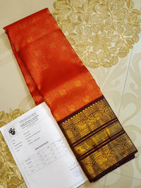 2G Pure Zari Kanjivaram Silk Saree in Rust with Gold Zari Peacock Buttas & varisai Pate Border | Silkmark Certified