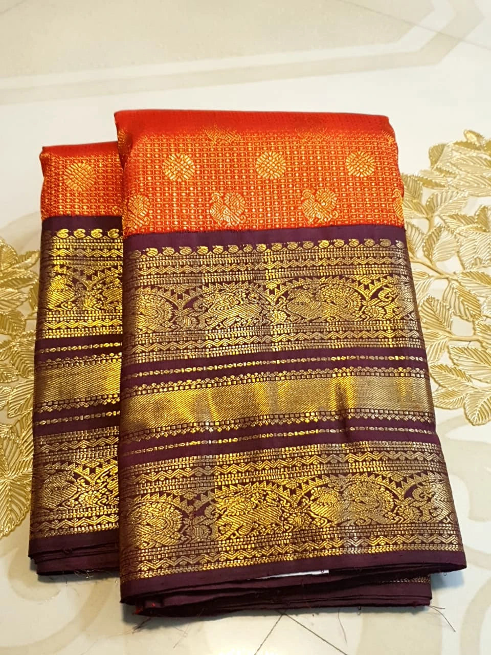 2G Pure Zari Kanjivaram Silk Saree in Rust with Gold Zari Peacock Buttas & varisai Pate Border | Silkmark Certified