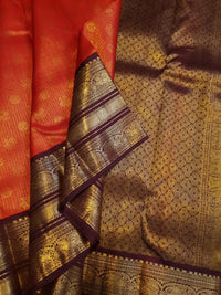 2G Pure Zari Kanjivaram Silk Saree in Rust with Gold Zari Peacock Buttas & varisai Pate Border | Silkmark Certified
