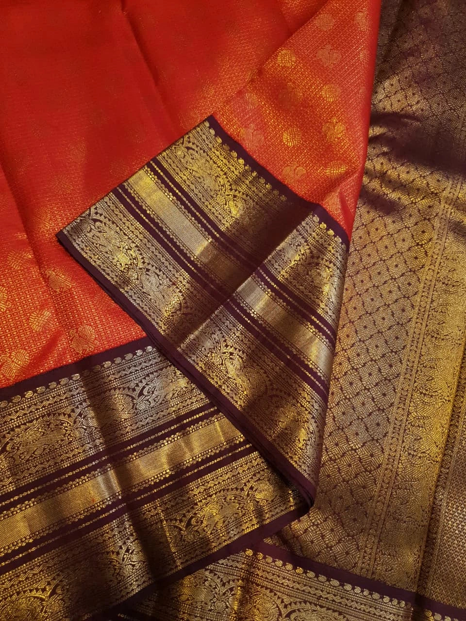 2G Pure Zari Kanjivaram Silk Saree in Rust with Gold Zari Peacock Buttas & varisai Pate Border | Silkmark Certified