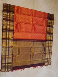 2G Pure Zari Kanjivaram Silk Saree in Rust with Gold Zari Peacock Buttas & varisai Pate Border | Silkmark Certified