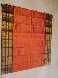 2G Pure Zari Kanjivaram Silk Saree in Rust with Gold Zari Peacock Buttas & varisai Pate Border | Silkmark Certified