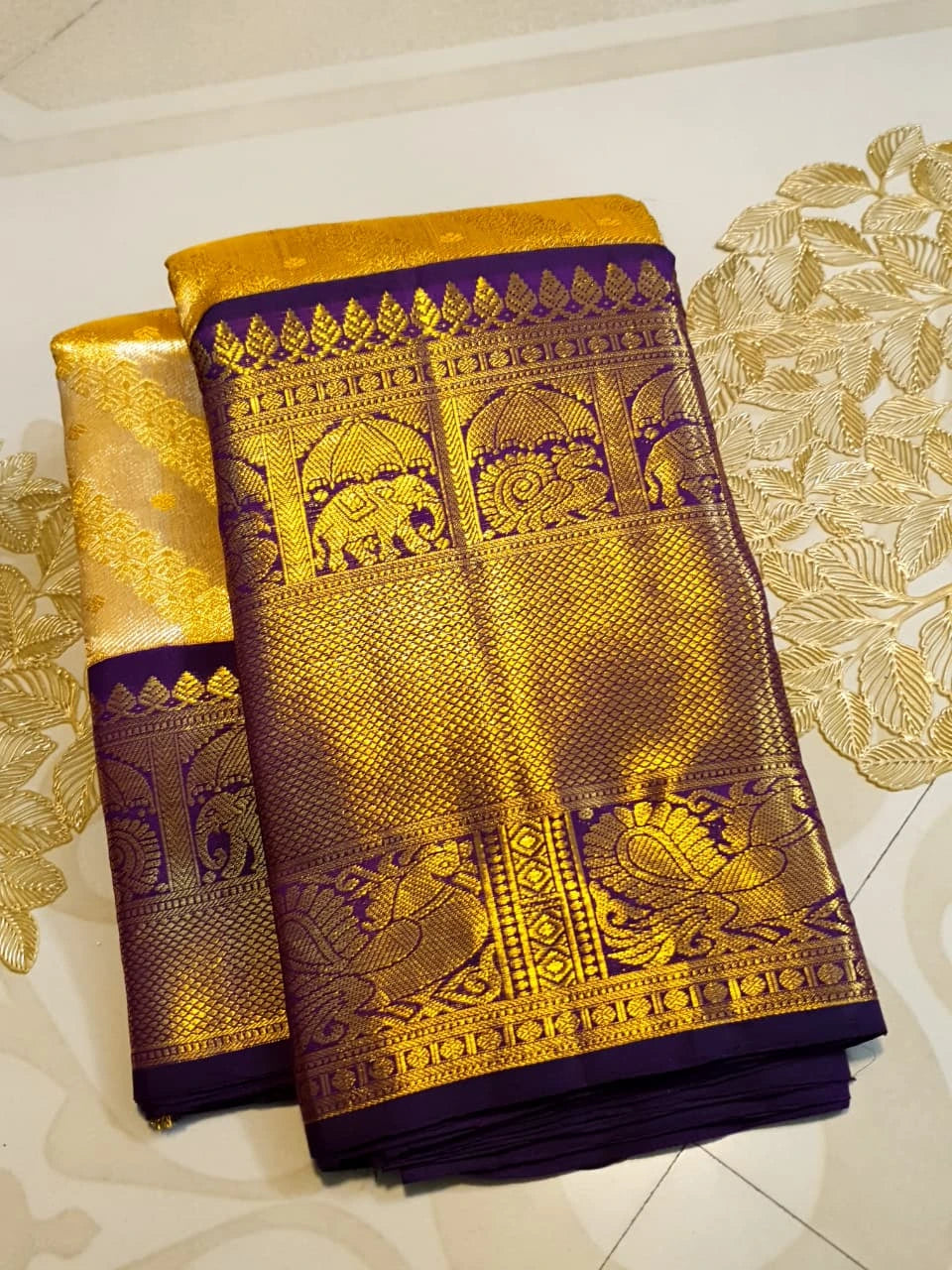 2G Pure Zari Kanjivaram Silk Saree in Golden Yellow with purple Border | Silkmark Certified