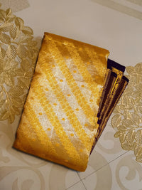 2G Pure Zari Kanjivaram Silk Saree in Golden Yellow with purple Border | Silkmark Certified