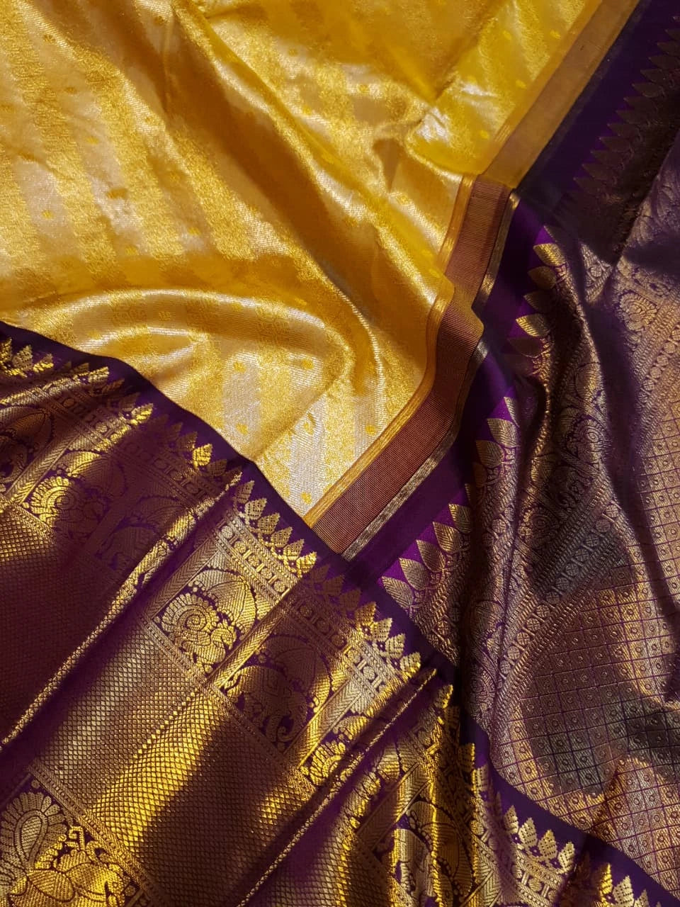2G Pure Zari Kanjivaram Silk Saree in Golden Yellow with purple Border | Silkmark Certified