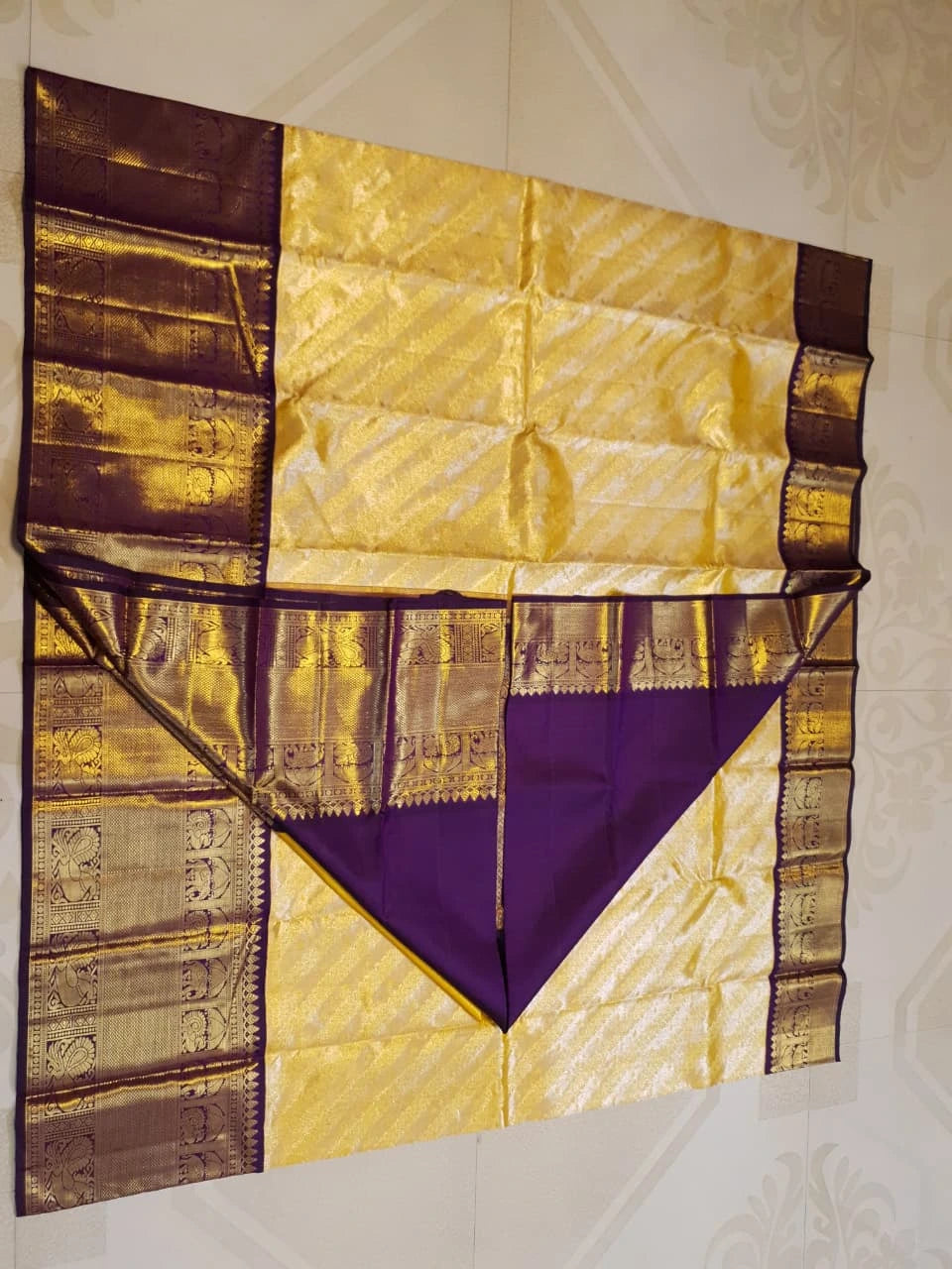 2G Pure Zari Kanjivaram Silk Saree in Golden Yellow with purple Border | Silkmark Certified