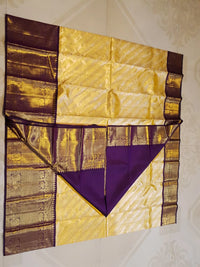 2G Pure Zari Kanjivaram Silk Saree in Golden Yellow with purple Border | Silkmark Certified