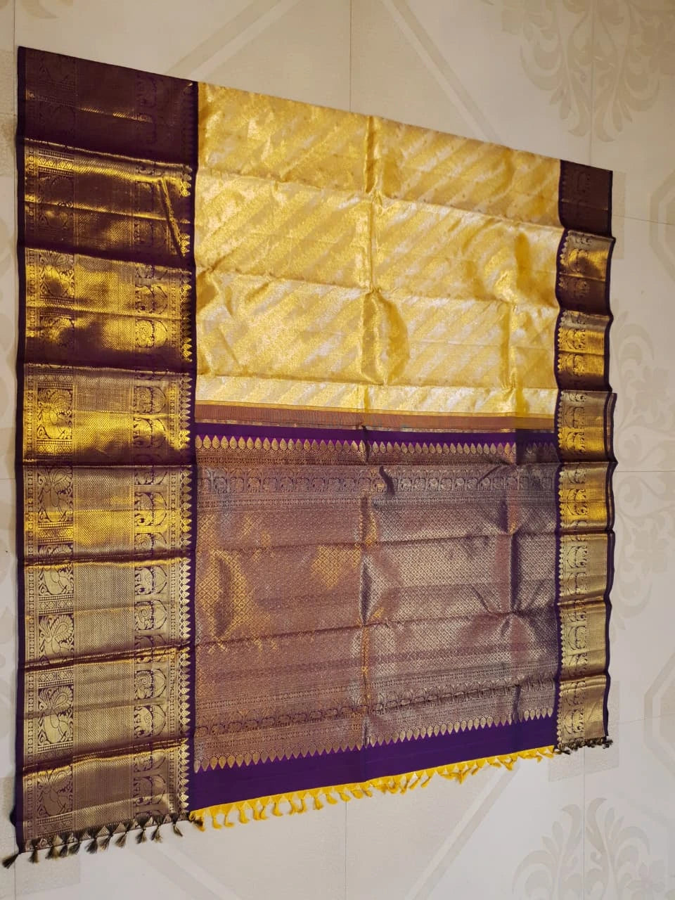 2G Pure Zari Kanjivaram Silk Saree in Golden Yellow with purple Border | Silkmark Certified