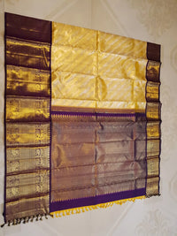 2G Pure Zari Kanjivaram Silk Saree in Golden Yellow with purple Border | Silkmark Certified