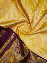 2G Pure Zari Kanjivaram Silk Saree in Golden Yellow with purple Border | Silkmark Certified