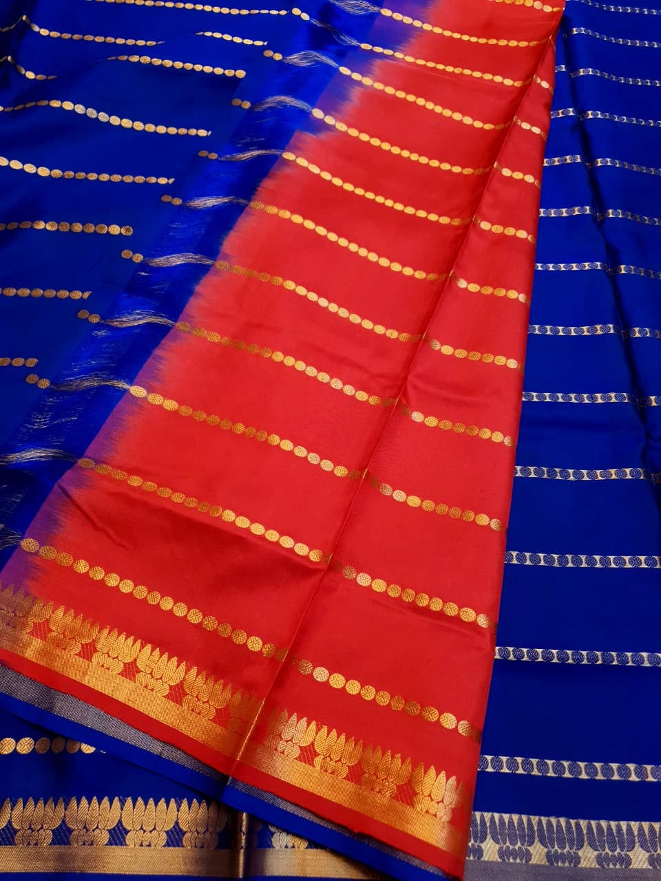 Pure Soft Silk Kanjivaram Silk Saree in Royal Blue with Gold Zari Stripes & Contrast Chilli Red Pallu | Silkmark Certified