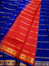 Pure Soft Silk Kanjivaram Silk Saree in Royal Blue with Gold Zari Stripes & Contrast Chilli Red Pallu | Silkmark Certified