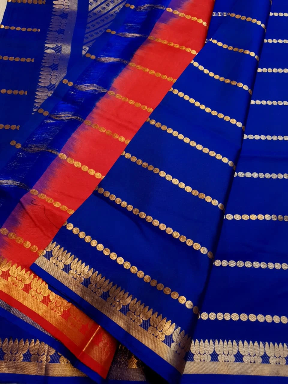Pure Soft Silk Kanjivaram Silk Saree in Royal Blue with Gold Zari Stripes & Contrast Chilli Red Pallu | Silkmark Certified