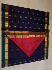 2G Pure Kanjivaram Silk Saree in Midnight Blue with Emerald Green Border & Rich Gold Zari Peacock Buttas | Silkmark Certified