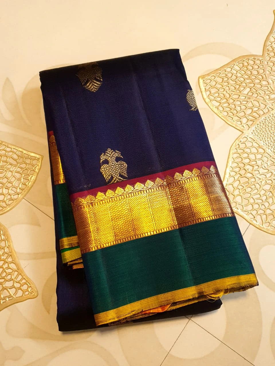 2G Pure Kanjivaram Silk Saree in Midnight Blue with Emerald Green Border & Rich Gold Zari Peacock Buttas | Silkmark Certified