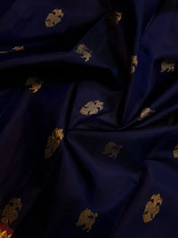 2G Pure Kanjivaram Silk Saree in Midnight Blue with Emerald Green Border & Rich Gold Zari Peacock Buttas | Silkmark Certified