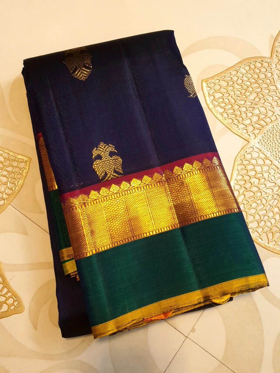 2G Pure Kanjivaram Silk Saree in Midnight Blue with Emerald Green Border & Rich Gold Zari Peacock Buttas | Silkmark Certified