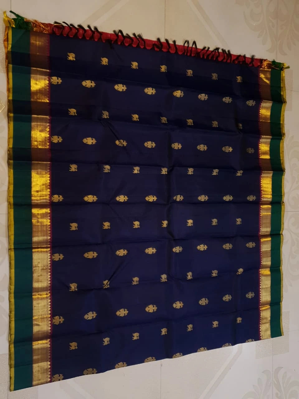 2G Pure Kanjivaram Silk Saree in Midnight Blue with Emerald Green Border & Rich Gold Zari Peacock Buttas | Silkmark Certified