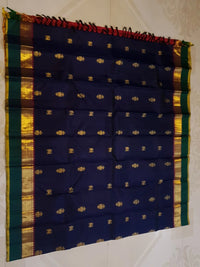 2G Pure Kanjivaram Silk Saree in Midnight Blue with Emerald Green Border & Rich Gold Zari Peacock Buttas | Silkmark Certified