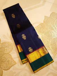 2G Pure Kanjivaram Silk Saree in Midnight Blue with Emerald Green Border & Rich Gold Zari Peacock Buttas | Silkmark Certified