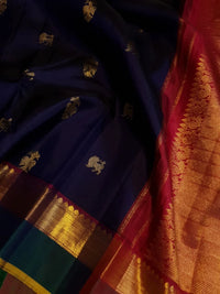 2G Pure Kanjivaram Silk Saree in Midnight Blue with Emerald Green Border & Rich Gold Zari Peacock Buttas | Silkmark Certified