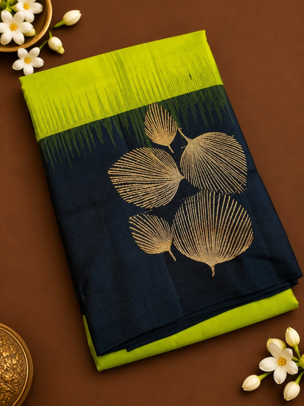 Pure Soft Silk Kanjivaram Saree in Lime Green & Black with Gold Zari Stripes | Silkmark Certified