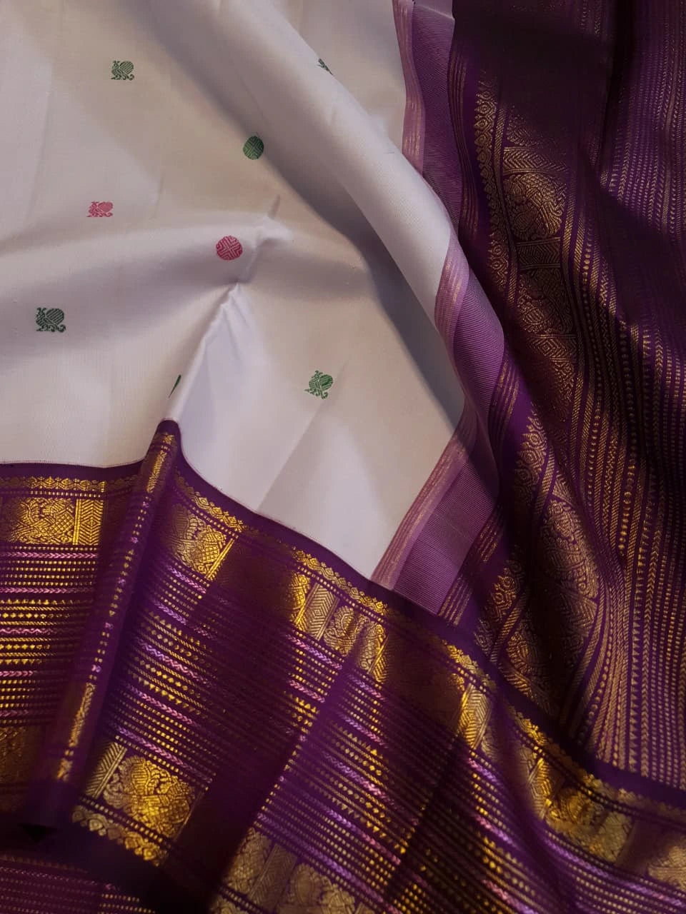2G Pure Korvai Kanjivaram Silk Saree in Off White with Purple Border & Multicolour Peacock Buttas | Silkmark Certified
