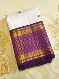 2G Pure Korvai Kanjivaram Silk Saree in Off White with Purple Border & Multicolour Peacock Buttas | Silkmark Certified
