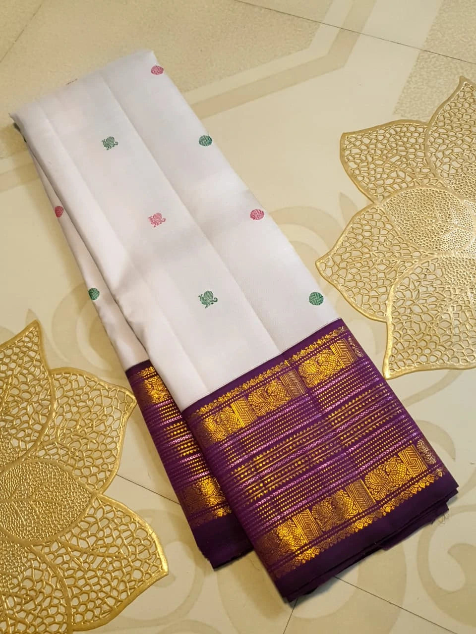2G Pure Korvai Kanjivaram Silk Saree in Off White with Purple Border & Multicolour Peacock Buttas | Silkmark Certified