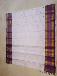 2G Pure Korvai Kanjivaram Silk Saree in Off White with Purple Border & Multicolour Peacock Buttas | Silkmark Certified