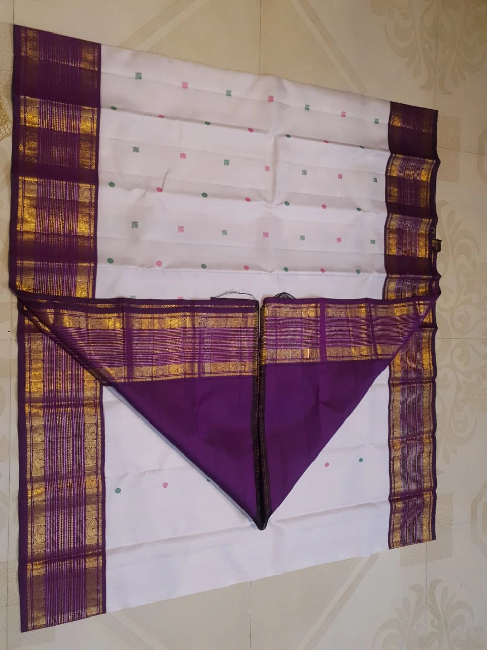 2G Pure Korvai Kanjivaram Silk Saree in Off White with Purple Border & Multicolour Peacock Buttas | Silkmark Certified