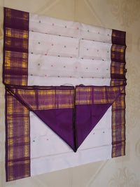 2G Pure Korvai Kanjivaram Silk Saree in Off White with Purple Border & Multicolour Peacock Buttas | Silkmark Certified